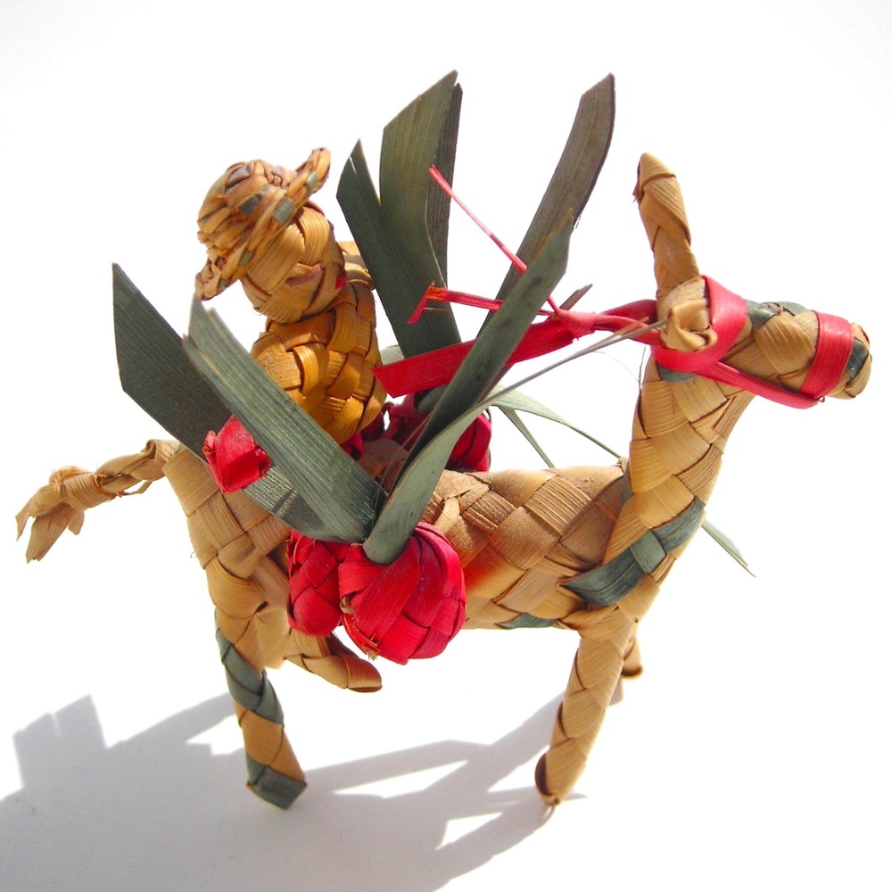 Miniature Donkey with Rider and Baskets Folk Art Figurine Woven Palm Leaf